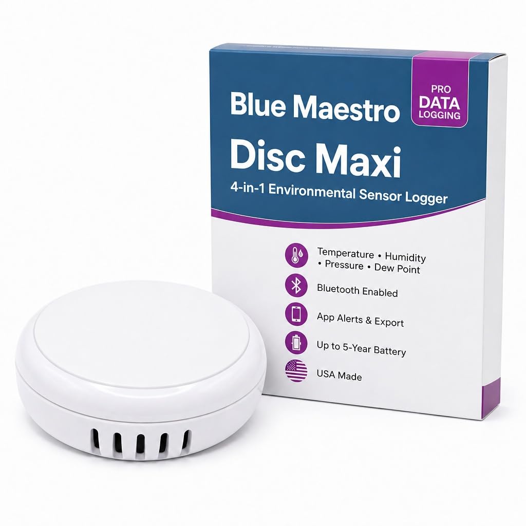 BlueMaestro Disc Maxi USA-made hygrometer logger — Amazon pack shot