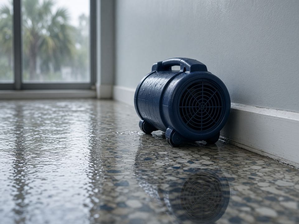 Air mover staged on a Florida floor for hurricane-season drying