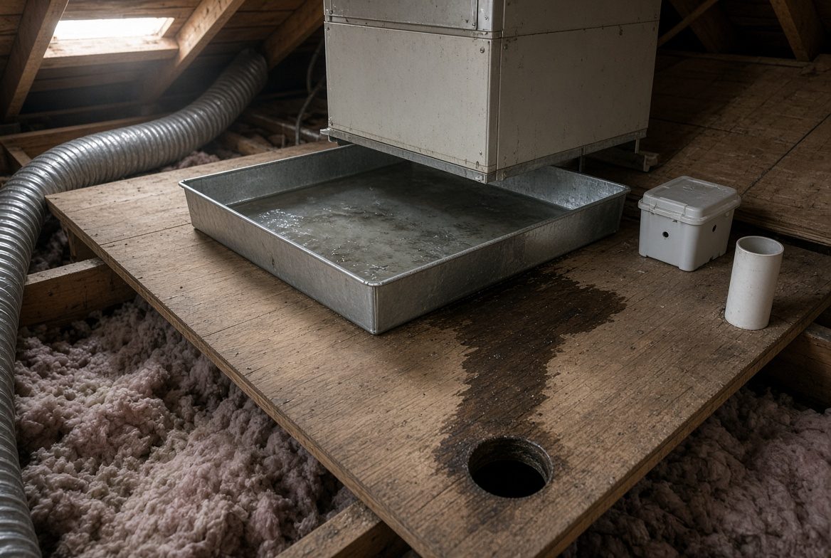 Coastal Florida attic with a metal air-handler overflow pan holding water and a dark stain spreading across plywood decking