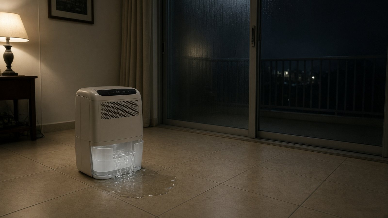 Portable dehumidifier bucket overflowing on Florida condo tile at night