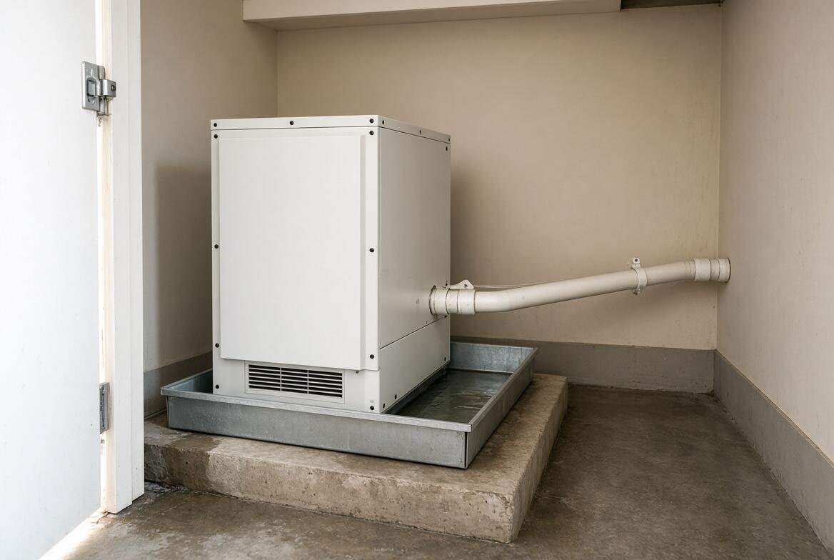 Coastal Florida air-handler closet showing white PVC condensate pipe running uphill from the coil, with standing water in the metal overflow pan