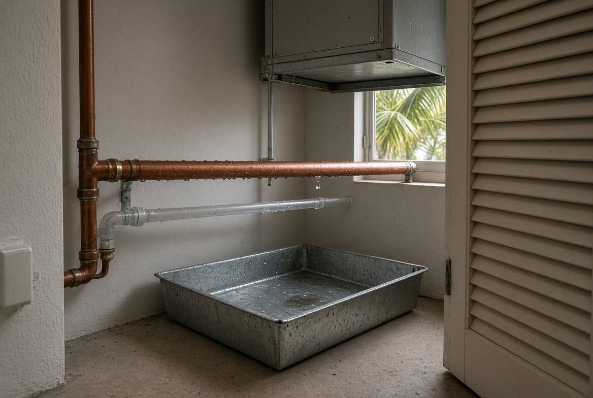 Coastal Florida air-handler closet with a beaded copper supply pipe dripping above a galvanized overflow pan, clear PVC beside it, louvered door open, palms outside the window