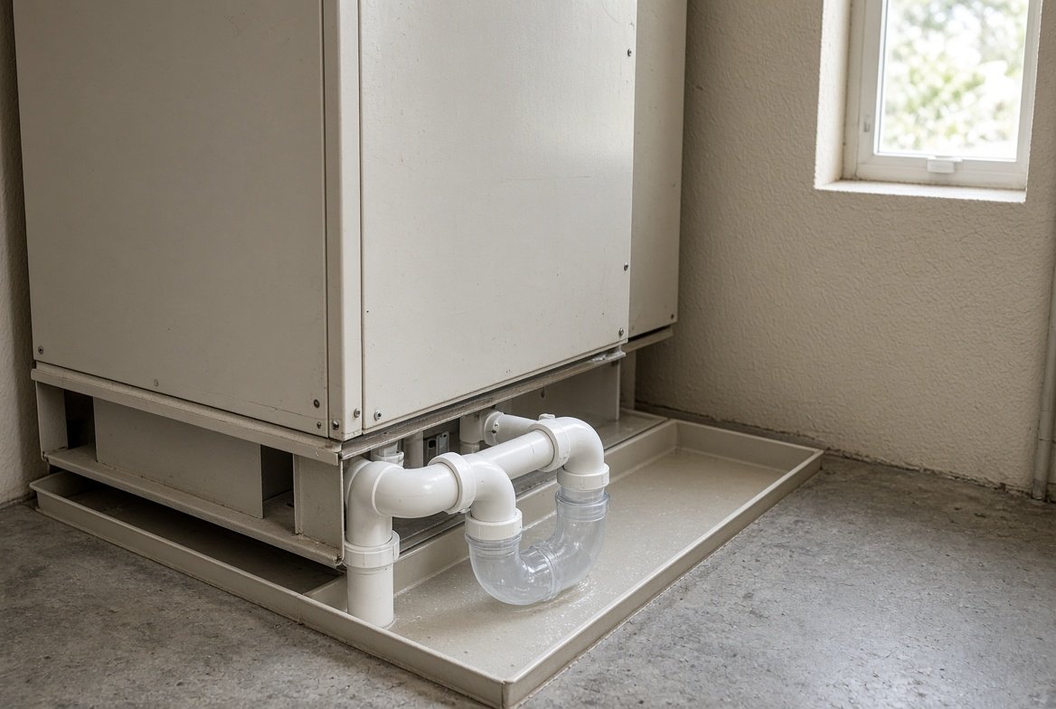 Coastal Florida air-handler closet with white PVC condensate trap that holds no water after a quiet week