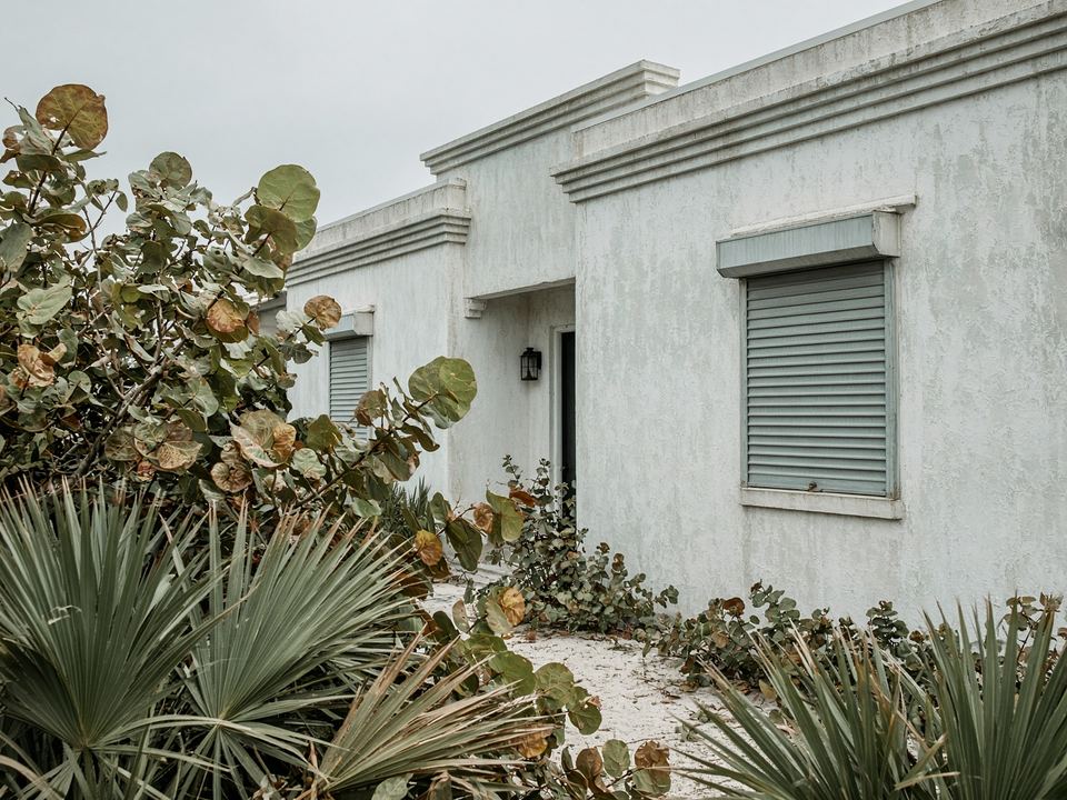 Coastal Florida house under humid peak-week sky with no storm on the radar