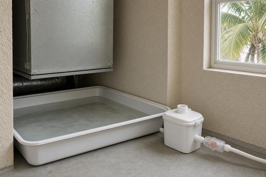Coastal Florida air-handler closet with a white condensate pump, a clear check valve on the discharge hose, and standing water in the metal overflow pan