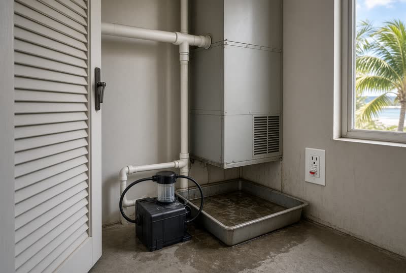 Coastal Florida air-handler closet with a black condensate pump beside a wet metal overflow pan, white GFCI outlet with reset button out, PVC lines, open louvered door, and palms outside the window