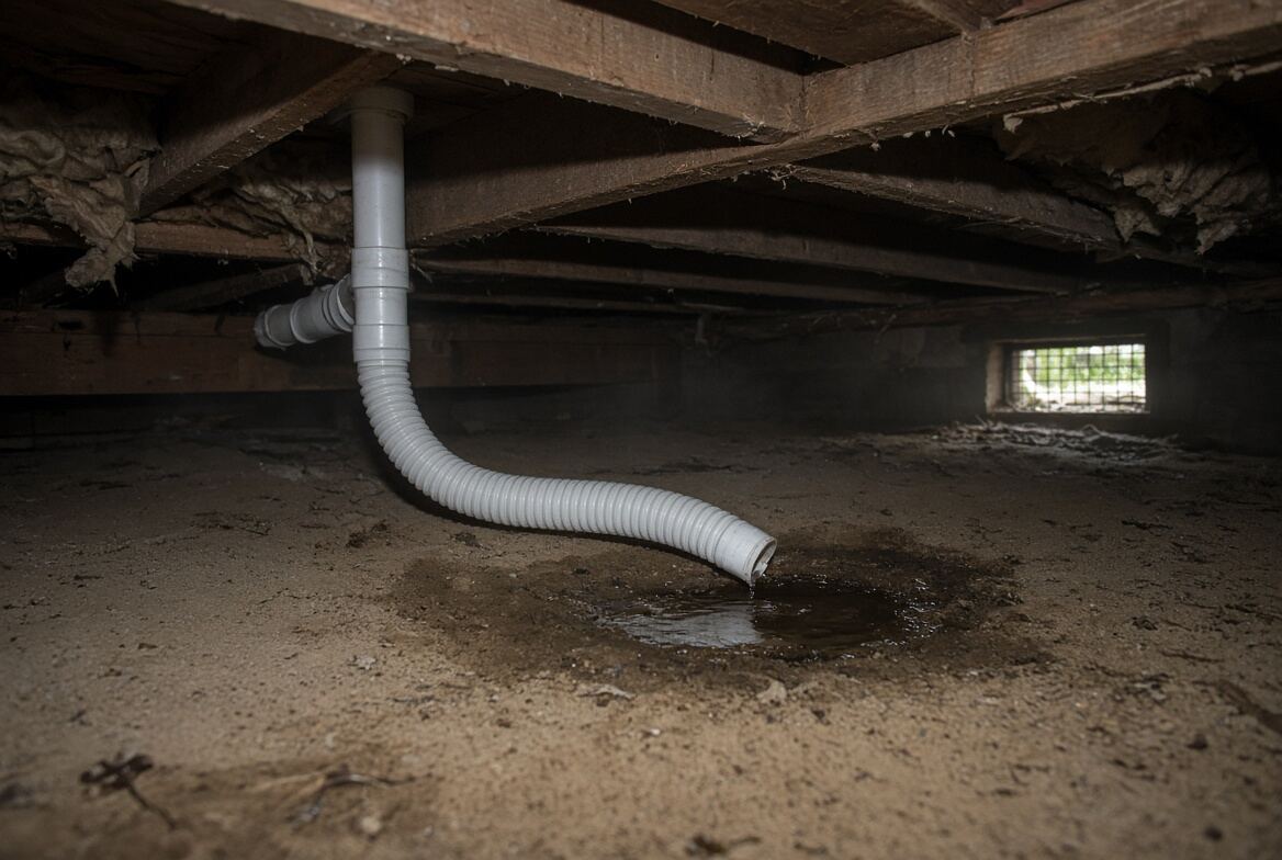 Coastal Florida crawlspace with a white PVC condensate hose ending in a wet dirt puddle instead of a daylight dump