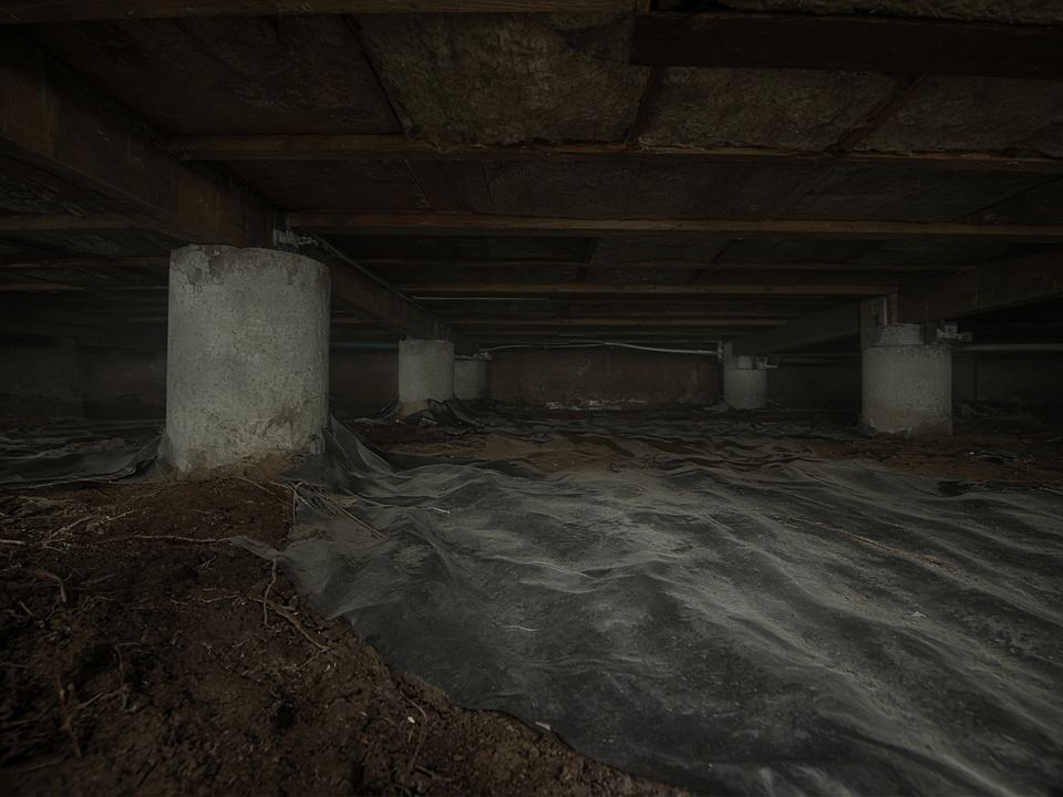 Florida crawlspace with damp soil and a low-clearance dehumidifier pad after September rain