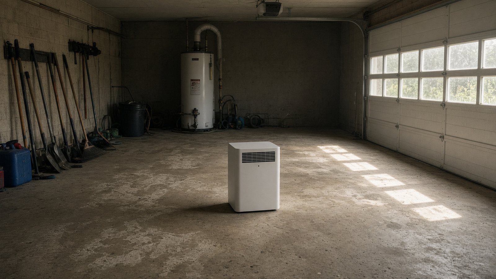 Small cube dehumidifier sitting undersized in a hot Florida two-car garage