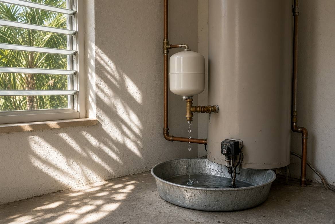 Coastal Florida garage water heater with a small white expansion tank on copper, a drip at the brass tee falling into a galvanized pan, palm light through a louvered window