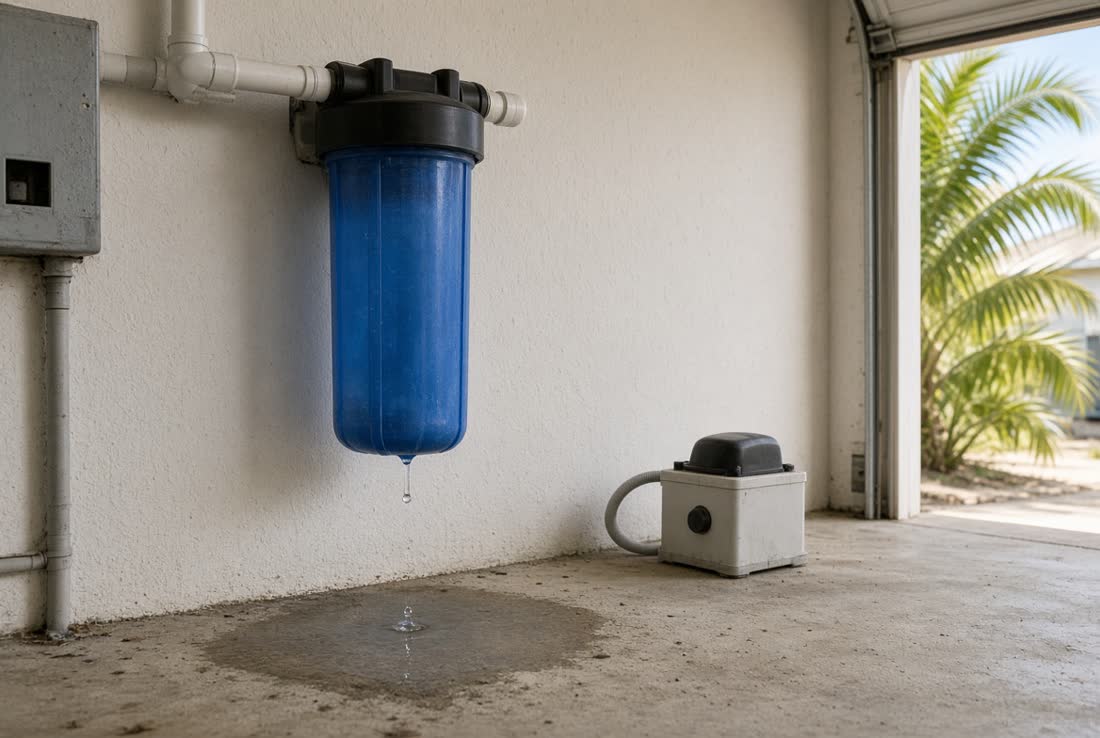 Blue whole-house filter housing on a coastal Florida garage wall with a drip at the cap seam, a wet patch on the slab, a dry condensate pump beside it, and palms through the open door