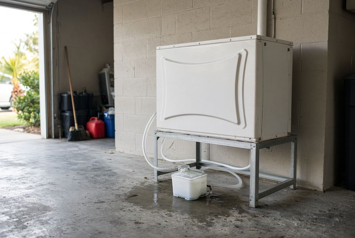 Coastal Florida garage with a white air handler on a metal stand and a full condensate pump overflowing onto wet concrete