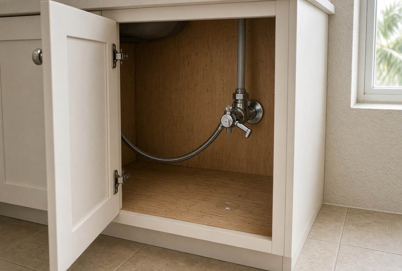 Open coastal Florida guest-bath vanity with a chrome angle stop, a dry braided supply hose, and a wet circle on the plywood floor, palm light in the window