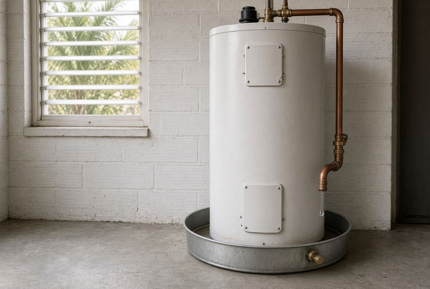 Coastal Florida garage water heater in a galvanized pan, copper relief pipe dripping into the tray, dry brass pan stub, palms beyond a louvered window
