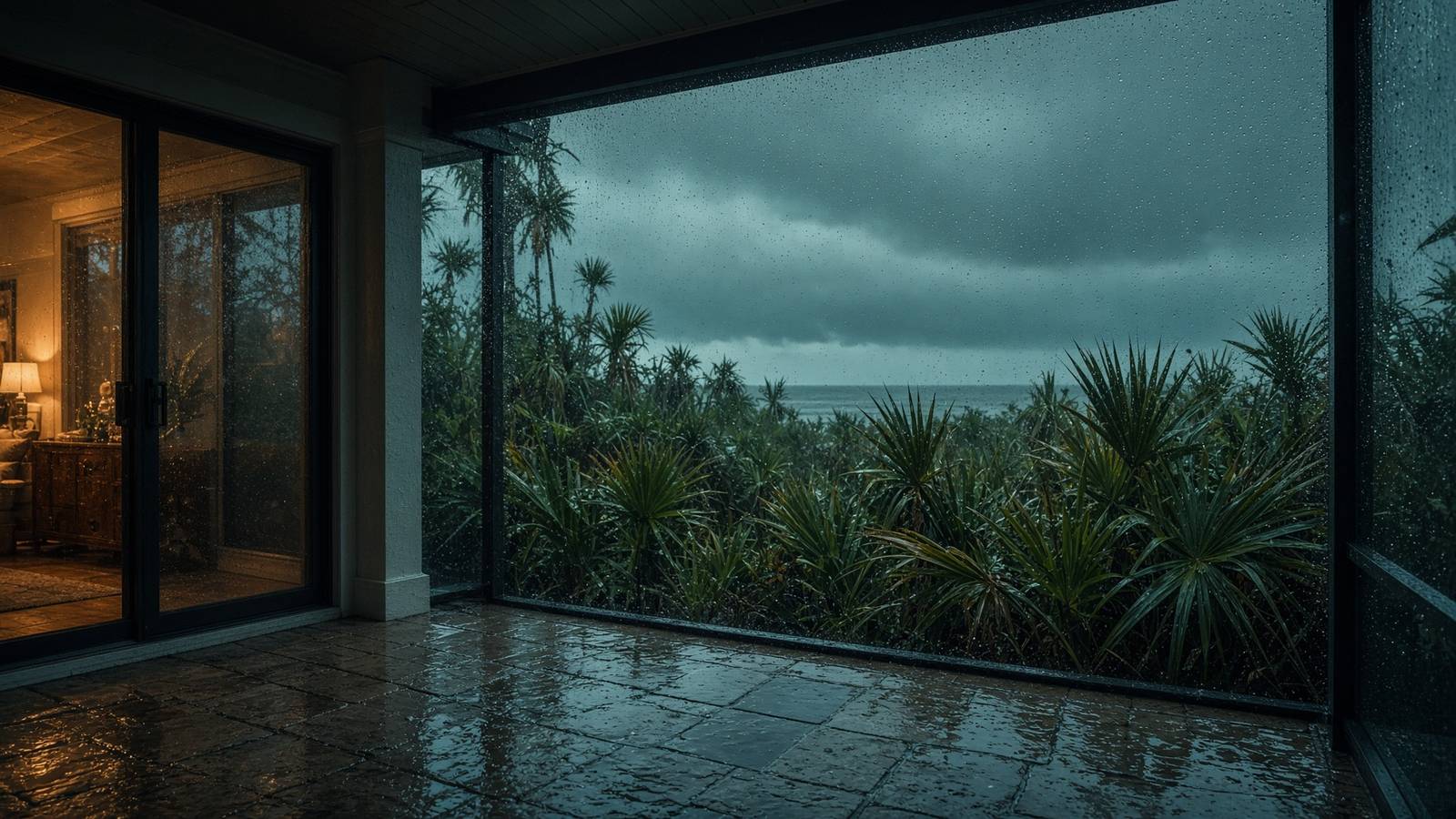 Wet Florida lanai after tropical rain, palmettos and storm light
