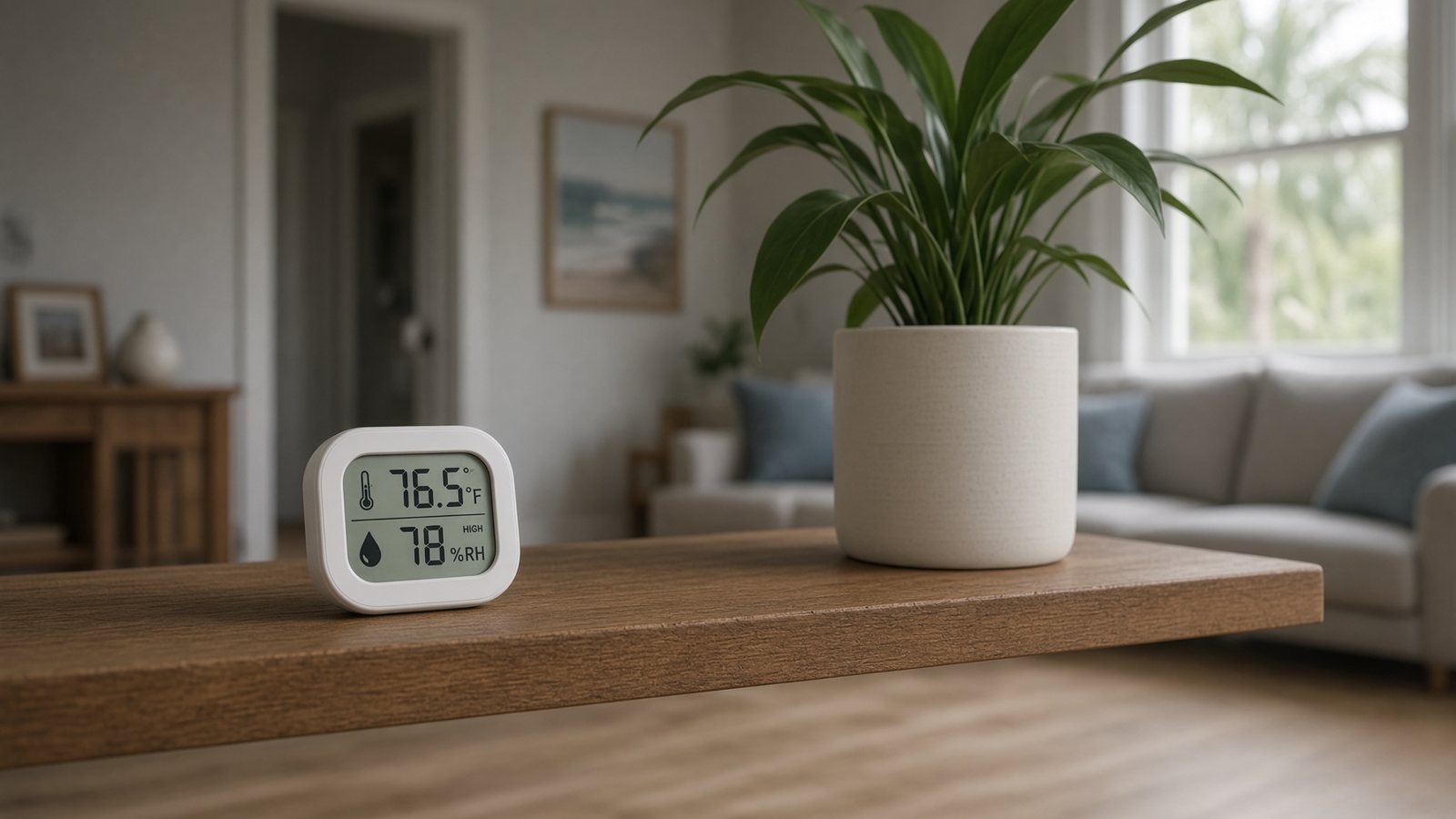 Digital hygrometer on a dry Florida living-room shelf, no puddle