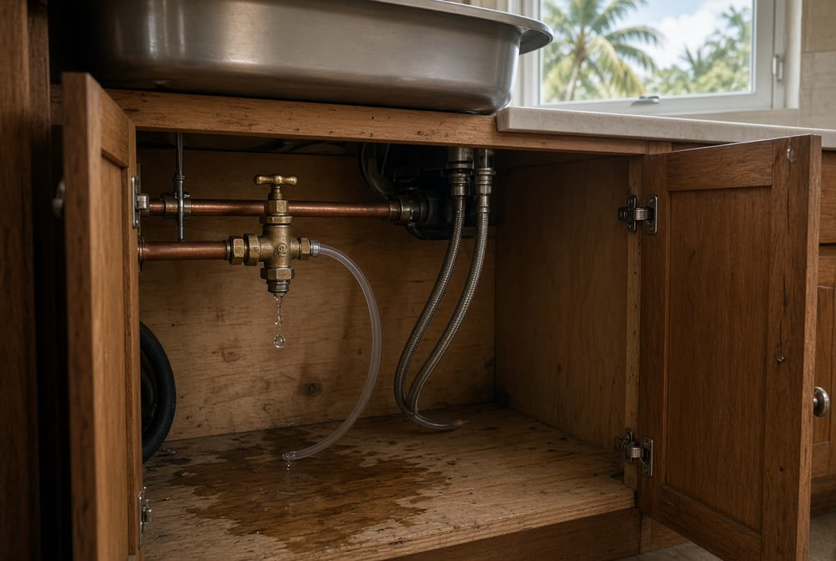 Open coastal Florida kitchen cabinet under a stainless sink, brass saddle on the copper cold line dripping onto a wet plywood floor, clear ice-maker tube, palm fronds in the window