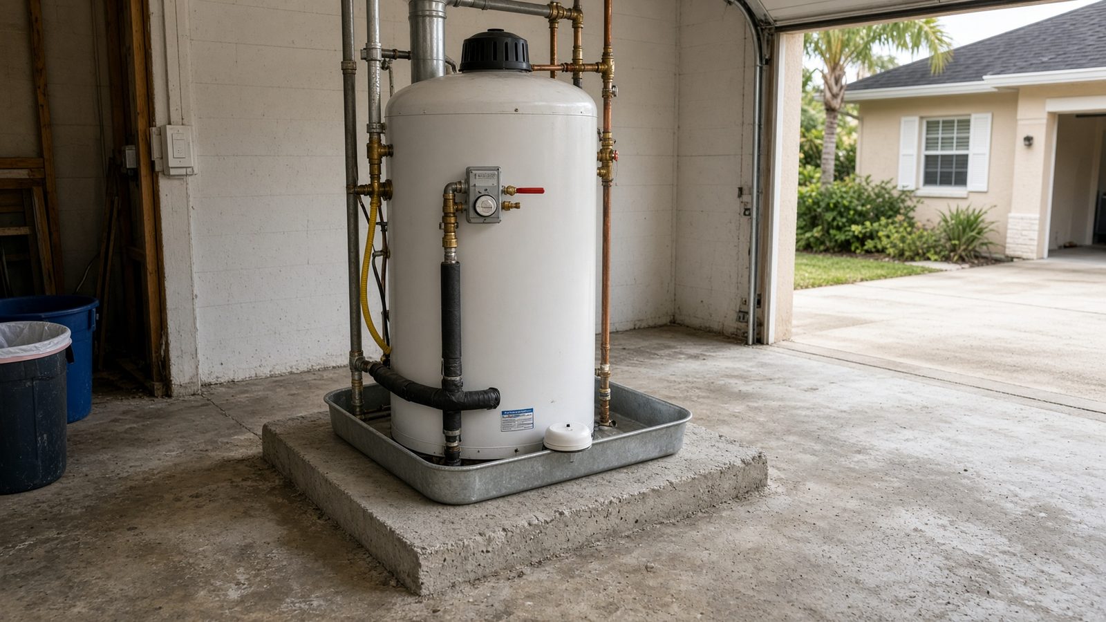 White leak sensor puck in a Florida water-heater overflow pan