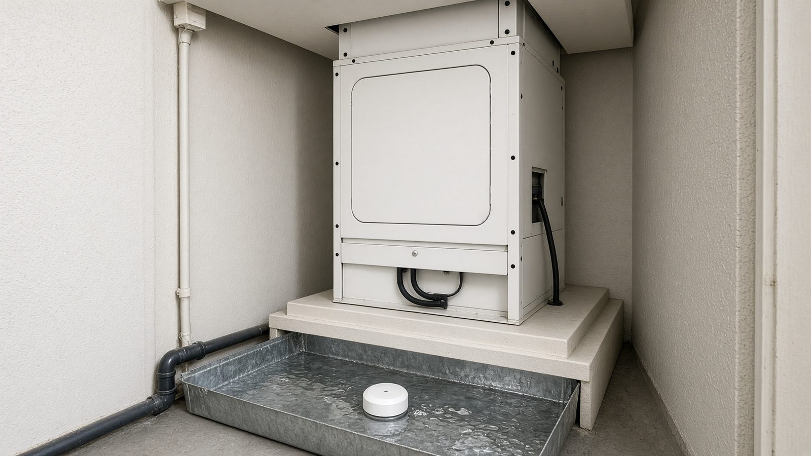 Leak sensor sitting in a wet Florida air-handler overflow pan