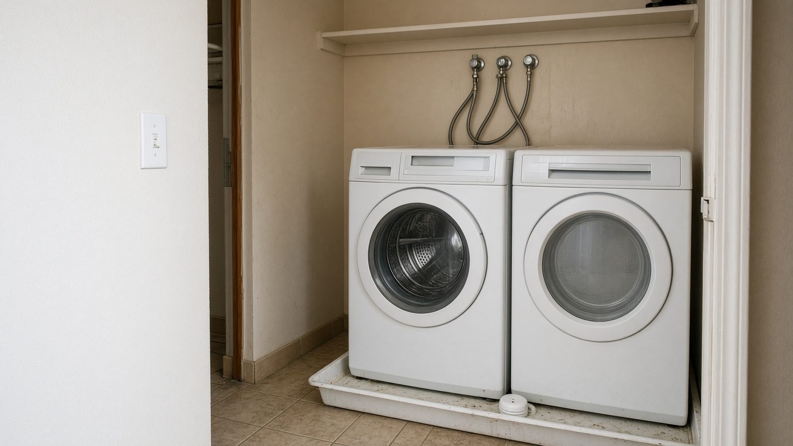 Leak sensor puck beside Florida washing-machine supply hoses