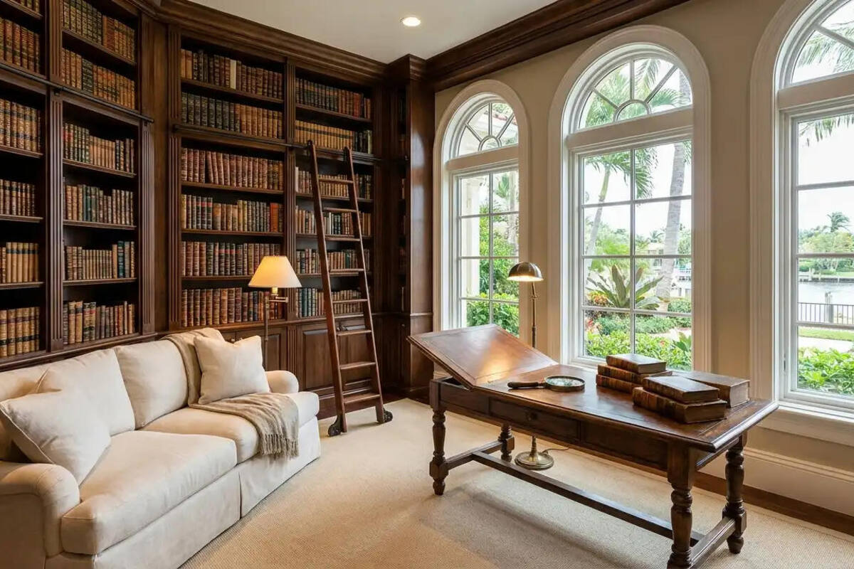 Coastal Florida home library with built-in bookshelves, a reading sofa, and arched windows looking toward palms and water