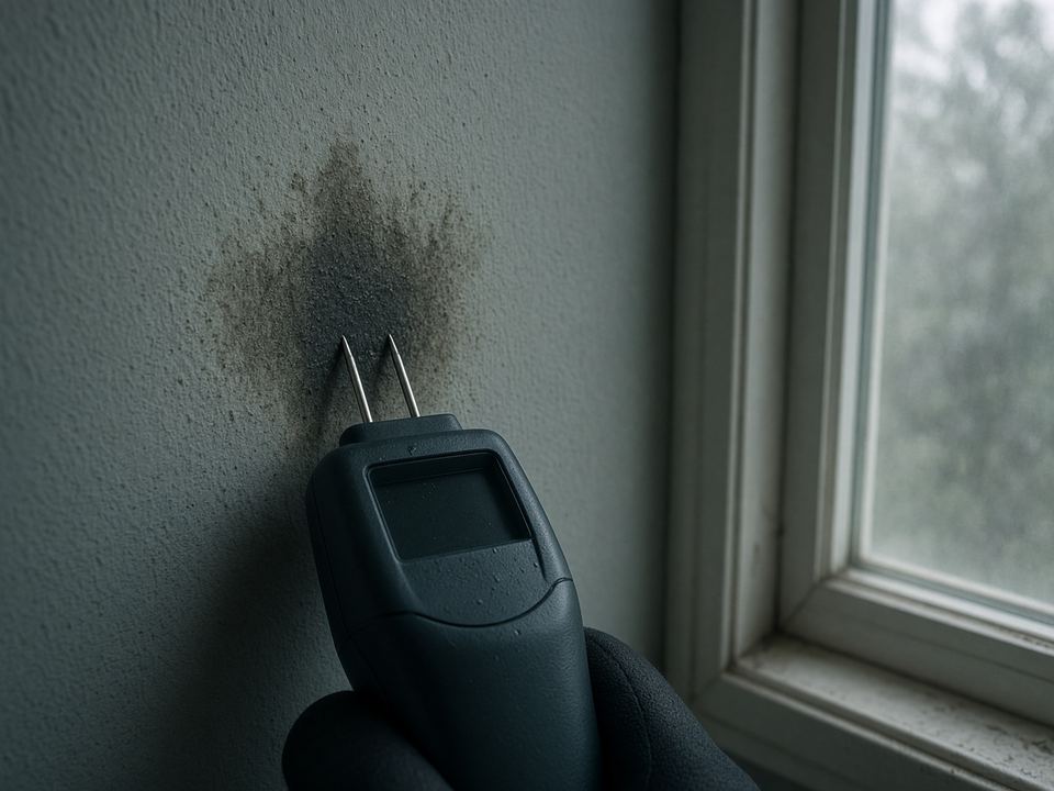 Pin moisture meter on wet Florida drywall