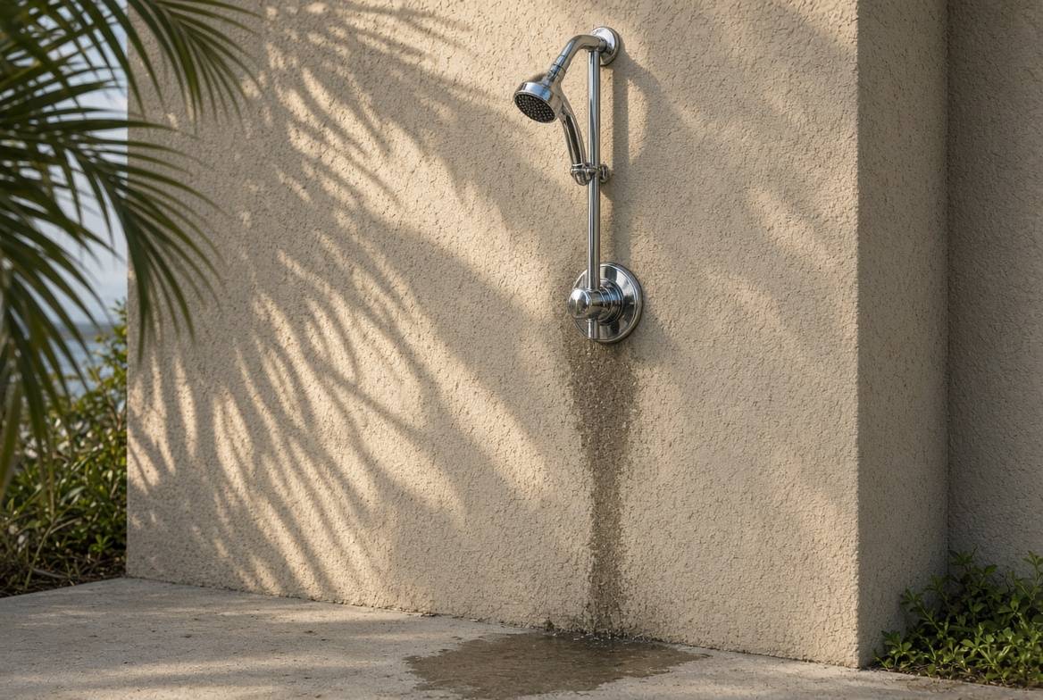 Beige coastal Florida stucco with a chrome outdoor shower valve and riser, a dark wet streak under the escutcheon, and a puddle on the concrete pad in palm shade
