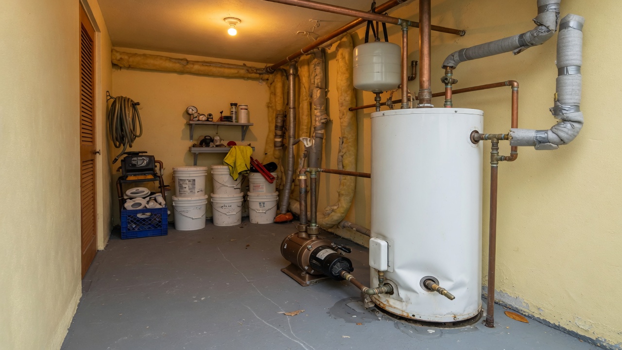 Florida water-heater closet with copper lines and a bronze circulator on the loop