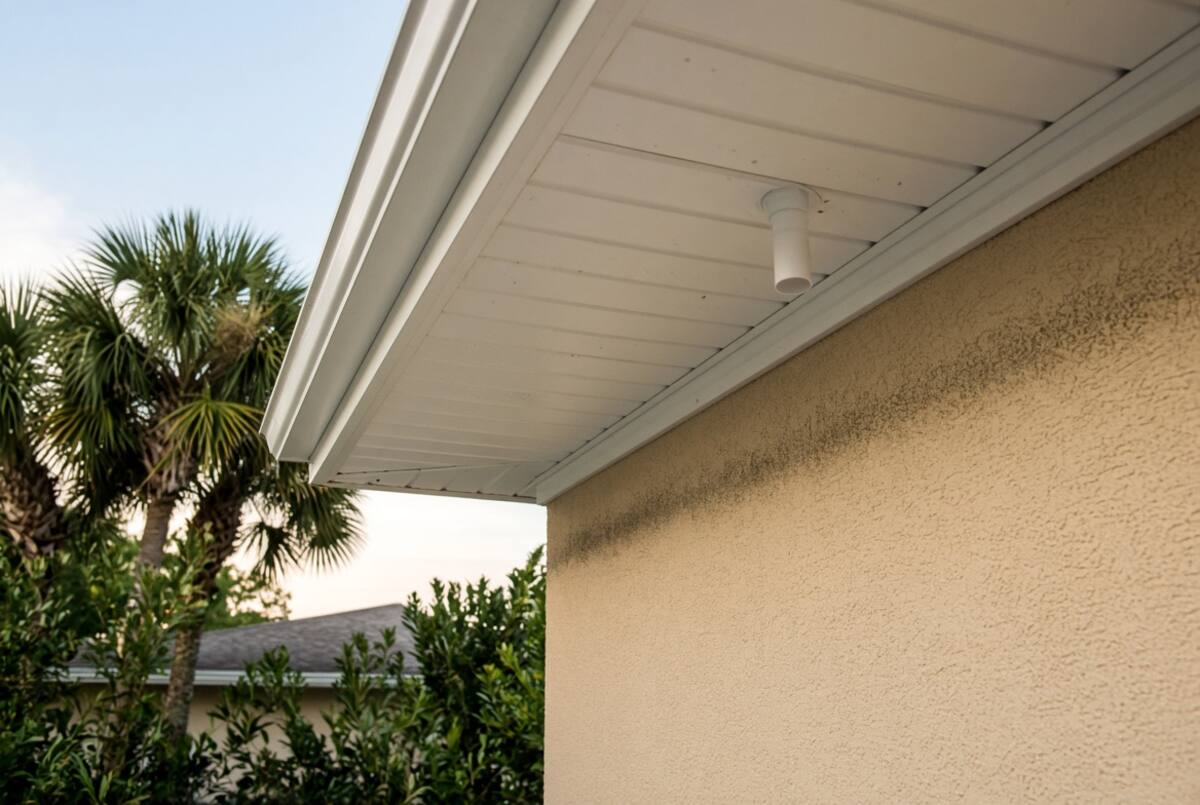 Coastal Florida soffit with a short white PVC secondary drain stub and a faint stain on the stucco below