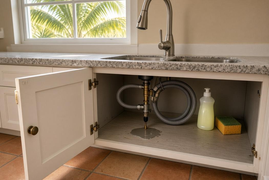 Open coastal Florida kitchen cabinet under a pull-down faucet, gray sprayer hose coiled beside a brass coupling, a small wet patch on the cabinet floor, soap bottle and sponge to the side, palms outside the window