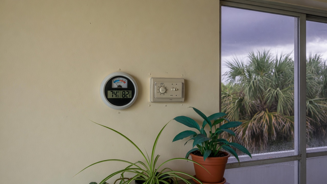 Hygrometer and thermostat on a Florida living-room wall with palmettos and storm light