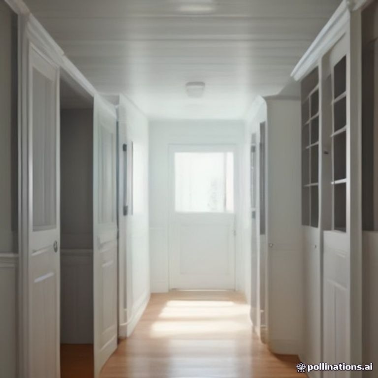 Open white under-stair closet in a coastal Florida hall, folded towels on shelves and a small digital hygrometer, morning light, no people and no text
