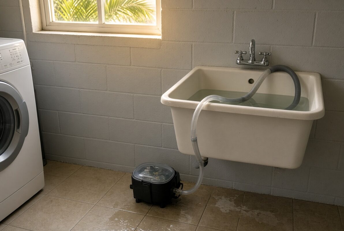 Coastal Florida laundry with a utility sink holding a clear condensate pump hose and a gray washer drain hose, a pump on wet tile, and palms outside the window