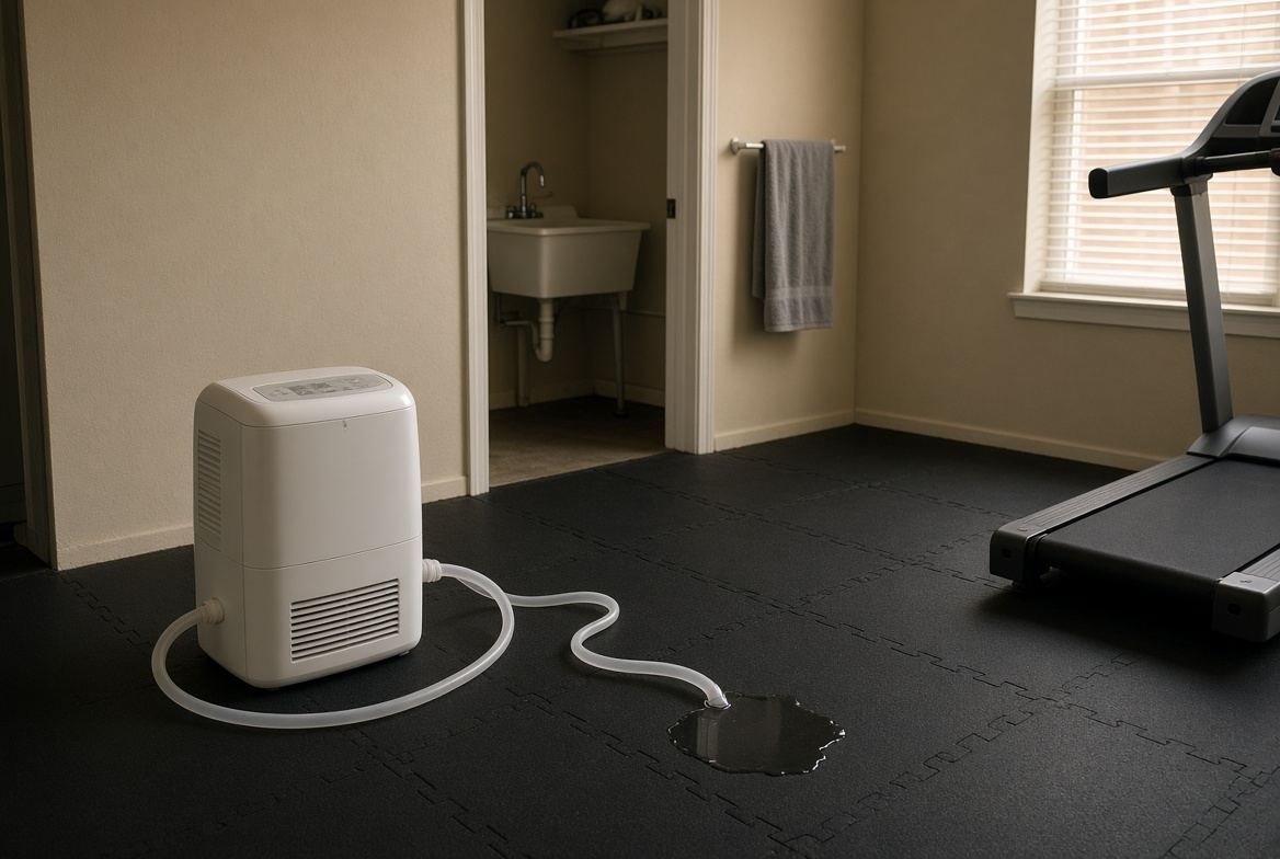 Coastal Florida workout room with a white portable machine hose ending in a puddle on black rubber gym mats, utility sink unused in the next doorway